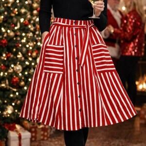 METRO WEAR | Red White Skirt Stripe Striped Front Pockets A-line Bow | Medium